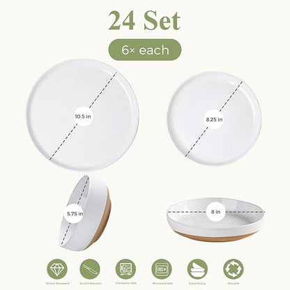 AmorArc Ceramic Dinnerware Sets with Pasta Bowls for 6, Handpainted Plates and Bowls Set with Rustic Terracotta Underside, Scratch Resistant Dishes Set, Dishwasher & Microwave Safe, 24 Pcs