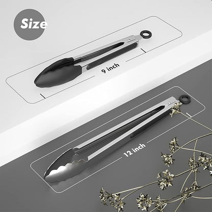 Set of 2 Cooking Tongs,600ºF High Heat-Resistant,Kitchen Utensils,Cooking Utensils for Grill,Salad,BBQ,Frying,Baking,Serving 9/12 inches
