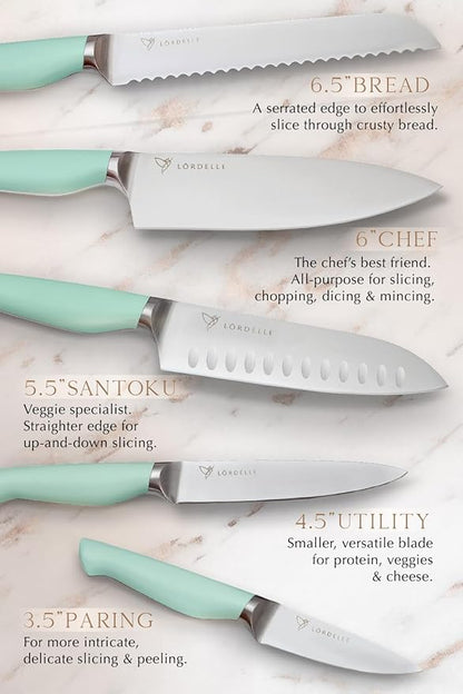 Lordelle Knife Block Set - 5 Piece Set - Coastal Green - Lifestyle Home Kitchen Design - German X50 Stainless Steel - ABS Handle - Ash Wood Block - Cooking Chef Knife, Santoku, Paring, Utility