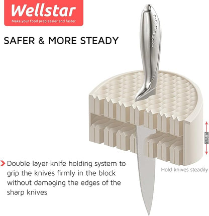 Universal Knife Block Holder for Kitchen, WELLSTAR Knife Stand without Knives, Safe Space Saver Large Volume Stable Knife Storage with Scissors Slot, Detachable for Easy Cleaning – Off-White