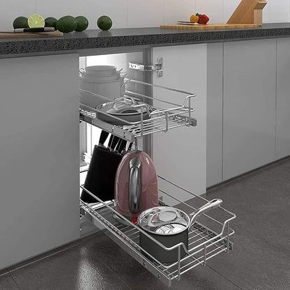 2 Tier Pull Out Cabinet Organizer 11" W X 22" D, Slide Out Drawers For Kitchen Cabinets, Pull Out Drawers For Cabinets Capacity Heavy Duty Caddy, Cabinet Pullout Shelves Chrome-Plated, Bathroom Pantry
