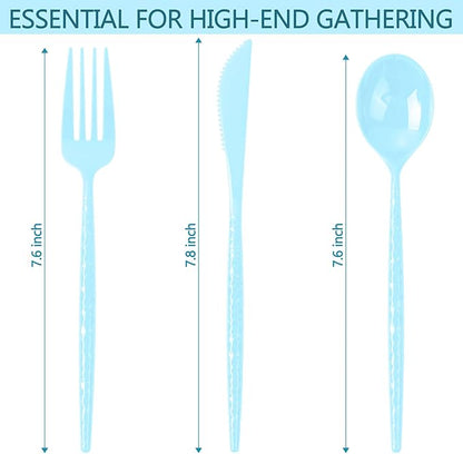 LIYH 150 Pcs Baby Blue Plastic Cutlery Sets - Light Blue Plastic Silverware Heavyduty, Disposable Utensil Sets, 50 of Each Forks, Knives & Spoons Flatware Set for Party Birthday
