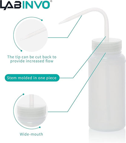 6pcs of Economy Wash Bottles, Vol.500ml (17oz), Wide-Mouth, Self-Venting Safety Wash Bottles, LDPE Material, IN-WBW500