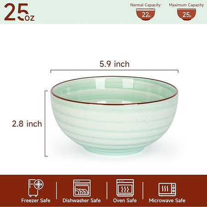 KitchenTour 24 OZ Cereal Bowls Set of 6, Ceramic Soup Bowls for Kitchen, 5.9 Inch Colorful Serving Bowls for Oatmeal, Salad, Pasta, Dessert - Microwave & Dishwasher Safe, Assorted Warm Colors