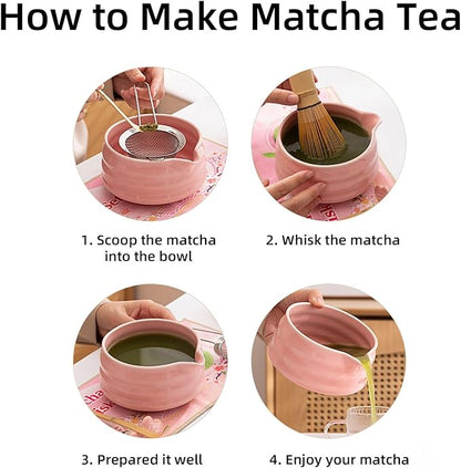 Matcha Tea Set, 5-Piece Ceremonial Kit with Ceramic Matcha Bowl (Chawan), Bamboo Whisk (Chasen) & Holder, Stainless Steel Sifter, Bamboo Scoop (Chashaku) — Japanese Tea Ceremony Gift (Pink)