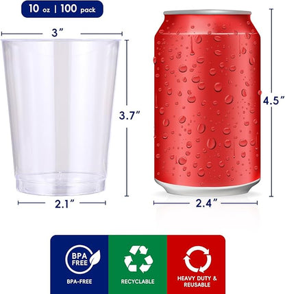 JOLLY CHEF 10 oz Clear Disposable Plastic Cups 100 Pack Clear Plastic Cups Tumblers, Heavy-duty Party Glasses, Disposable Cups for Thanksgiving, Party,Fathers Day