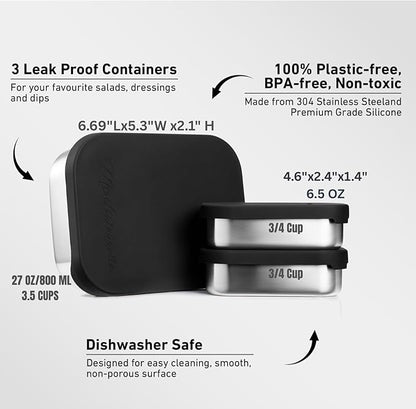 Leak proof Stainless Steel Lunch Box containers | Stainless Steel bento box | Sandwich ,snacks Food Storage with divider compartment| Meal prep| Snack |Metal lunch box| Korean Lunch Box| Black -Small