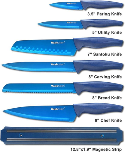 Wanbasion 7 Piece Blue Kitchen Knife Set with Magnetic Strip, Kitchen Knife Set Stainless Steel, Sharp Knife Set for Kitchen for Meat Vegetable Cutting