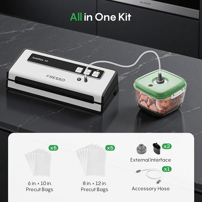 FRESKO Automatic Vacuum Sealer for Food with 95 kPa Powerful Suction, Compact Food Sealer machine Starter Kit with 10 Vacuum Bags for Dry/Moist Food, Sous Vide, Meal Prep