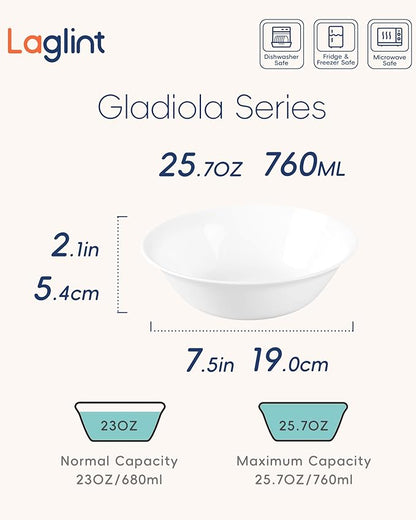 25OZ Cereal Soup Bowl Set of 4, Opal Glass 7.5 inch White Bowls for Ramen, Noodle, Salad, Fruit, Dishwasher and Microwave Safe