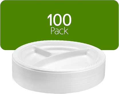 PLASTICPRO 9 inch Round Plastic Plates 3 Compartment - 3 Section Plates Microwaveable, Disposable, White, Dinnerware 100 Count