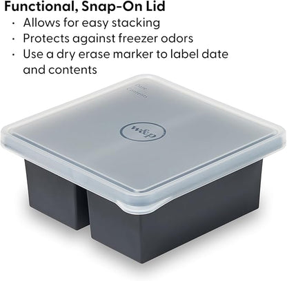 W&P Cup Cubes Silicone Freezer Tray with Lid, Charcoal, Makes 2 Perfect 2-Cup Portions, Freeze & Store Soup, Broth, Sauce, Leftovers, Dishwasher Safe