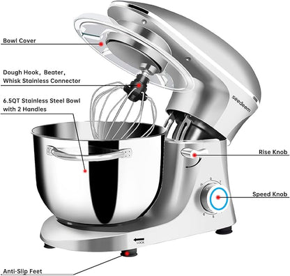 Seedeem 6.5QT Stand Mixer, 660W Tilt-Head Kitchen Electric Mixer with 6 Speeds, Dough Hook, Beater & Whisk, Dishwasher Safe Attachments, Silver