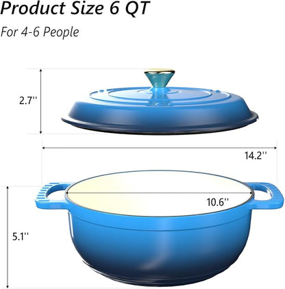 VINGLI 6QT Enameled Cast Iron Round Dutch Oven Pot with Lid, NonStick Casserole Pot with Dual Handles & Silicone GlovesRed, Oven Safe up to 500°F or on Stovetop, Dutch Oven for Bread Baking, Blue