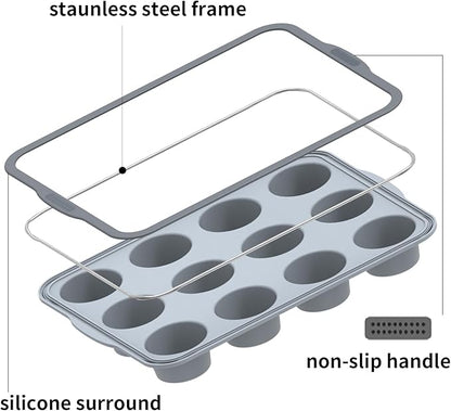 Aichoof Non-Stick Silicone Muffin Pan With Reinforced Stainless Steel Frame Inside,12 Cup Regular Muffin Baking Mold, 12 Cup Muffin Tin, BPA Free,Dishwasher Safe, Gray