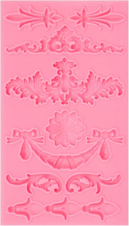 Baroque Decorative Silicone Fondant Mold, Vintage Floral Scroll Pattern, Pink