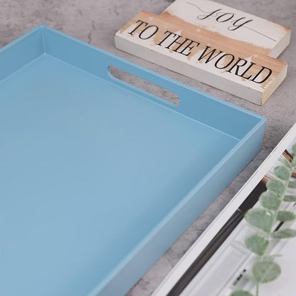 Blue Serving Tray for Coffee Table, Rectangular Plastic Decorative Tray with Handles for Entertaining, Outdoor Patio, Living Room, Ottoman, Bathroom Counter, 11.8”*15.7”*1.6”