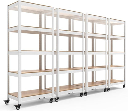 HOMEDANT House White 5-Tier Metal Rolling Cart Shelf Rack Casters Heavy Duty Wheel Shelving Unit Adjustable Utility Storage Shelves Organizer Shelf Kitchen Garage 24.4" W x 16.5" D x 62.2" H 4Pack