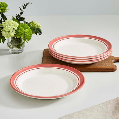 Portmeirion Potter's Striped Dinner Plate (Set of 4) - 10.5-Inch Stackable Earthenware Plates - Microwave & Dishwasher Safe, Handcrafted Dinnerware for Casual & Formal Table Settings (Red Stripe)