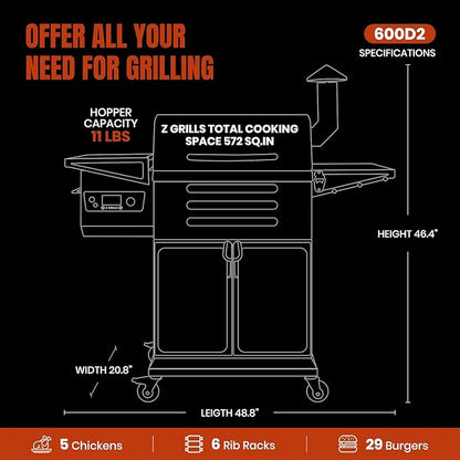 Z GRILLS Wood Pellet Grill & Smoker 8-in-1 Pellet Grill with Automatic Temperature Control，Meat Probes，572 Sq. in Area for Backyard Camping Outdoor Party,Bright Black