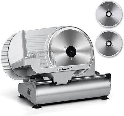 Meat Slicer, Techwood Electric Deil Food Slicer with Removable 9” Stainless Steel Blade, Deli Cheese Fruit Vegetable Bread Cutter with Adjustable Knob for Thickness, Food Carriage & Non-Slip Feet