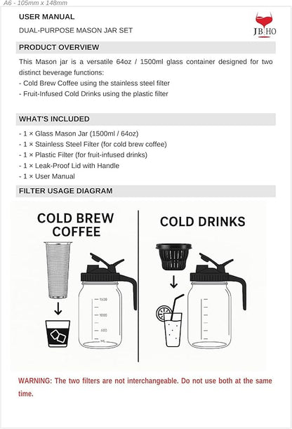 Cold Brew Coffee Maker 64OZ Marson Jars Wide Mouth Glass Picther Spout Lid with Stainless Steel Filter,Leakproof Maker for Iced Tea,Espresso,Lemonade-Black