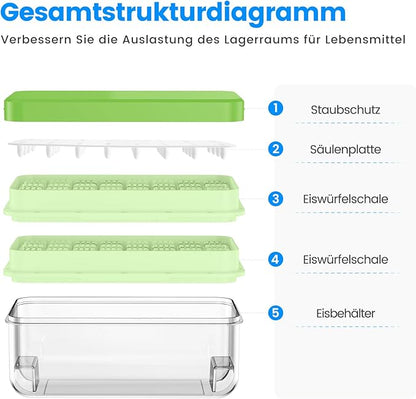 PHINOX Ice Cube Tray With Lid and Bin, Ice Trays for Freezer, Flexible Ice Cube Trays, Making 64 pcs Ice Cubes, Chilling Cocktail, Whiskey, Coffee, with 2 trays, Ice Container, Scoop&Cover, BPA Free