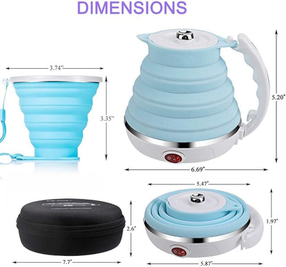 Upgrade Travel Kettle, ShineMe Food Grade Silicone Dual Voltage 110-220V Ultrathin Portable Electric Water Kettle with Cup, Universal Adaptor and Detachable Power Cord, 555ML (Blue)
