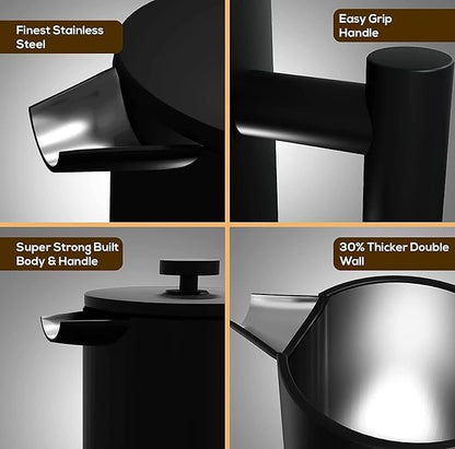 French Press Coffee Maker,Stainless Steel Double Wall Insulated Coffee Press 34 oz,4-8 Cups, Portable Hot Cold Brew Teapot Cafetera for Coffee Bar Accessories Kitchen Camping (Black,34oz)