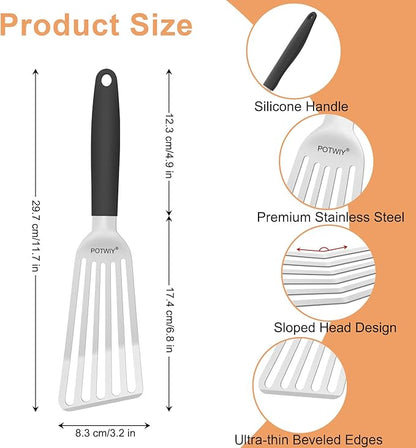 Fish Spatula Stainless Steel, Slotted Turner with Silicone Handle and Curved Blade, Metal Spatula for Cast Iron Skillet, Kitchen Cooking Flipper for Fish, Egg and Burger, 11.7 Inch