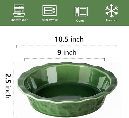 Vicrays Ceramic Pie Pan - 9 Inch Round Fluted and Deep Pie Dish for Tart Pizza Quiche Pot Pies Cake - Reactive Glaze (Green)