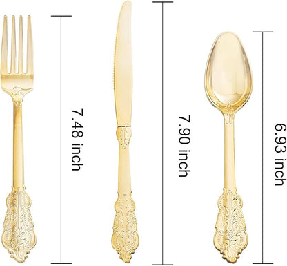 NOCCUR 180PCS Gold Plastic Cutlery Set - Gold Plastic Silverware Disposable - Include 60 Forks, 60 Spoons, 60 Knives - Perfect for Wedding/Fall Party/Thanksgiving