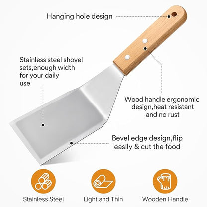 Metal Spatula Set,Fish Griddle Spatulas,Stainless Steel Spatula Turner with Wooden Handle,Small Wide Beveled Edges Spatulas Flippers for Cast Iron Skillet, Pancake, Egg, Burger, Omelet, 2 Pack