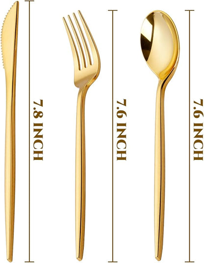 PULOTE 300PCS Gold Plastic Silverware Set Disposable - Heavy Duty Gold Utensils Set - Plastic Cutlery Disposable - Include 100 Knives, 100 Forks, 100 Spoons for Party & Wedding