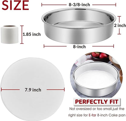 8 Inch Cake Pan Set of 3, E-Far Stainless Steel Round Layer Cake Baking Pans with Parchment Rounds & Side Liner Roll, Non-Toxic & Healthy Metal Cakes Tin, Straight Side & Dishwasher Safe