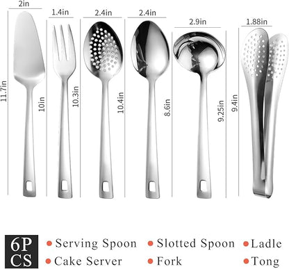 6 PCS Stainless Steel Serving Utensils, 10 Inch Serving Spoons for Buffet Large Hosting Metal Spoons, Silverware Set Tongs for Serving Food Parties Catering