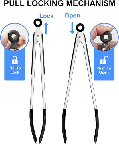 600ºF Heat Resistant Kitchen Tongs, Premium Locking Cooking Tongs with Silicone Tips, Non-Slip Food Tongs for Cooking, Non-Stick, Heavy Duty Stainless Steel Handle, Set of 3-7" 9" and 12" Black