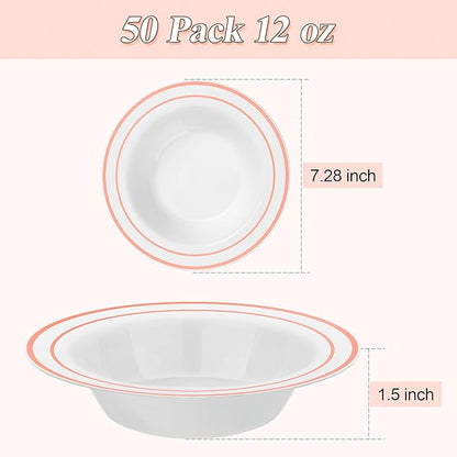 50 Pack Disposable Soup Bowls with Rose Gold Rim, 12oz Premium Heavy Duty Plastic Dinner Bowls for Party, Wedding and Holiday