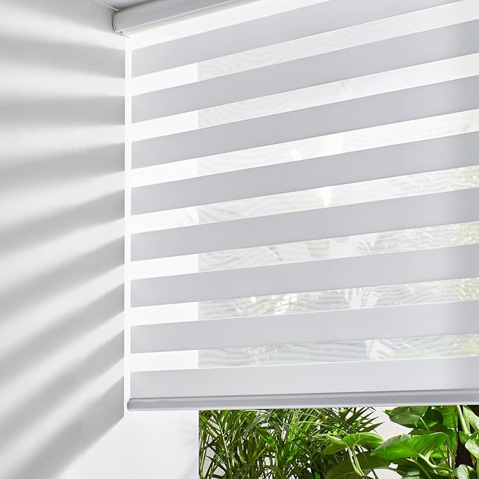 Persilux Cordless Zebra Blinds for Windows Shades (18" W x 47" H, White) Dual Layer Fabric Light Control for Day and Night Room Darkening Sheer Roller Shades for Home, Bedroom and Office