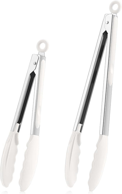 TeamFar Kitchen Tongs, 9" and 12" Stainless Steel Cooking Tongs with Silicone Tips for Cooking Grilling Serving & BBQ, Heat Resistant Silicone Tongs, Locking Design & Dishwasher Safe, Set of 2 & White
