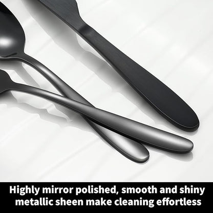 24-piece Black Forks and Spoons Silverware Set, Stainless Steel Flatware Cutlery Set for Home, Kitchen and Restaurant, Black Spoon and Fork Set,Dinner forks Mirror Polished