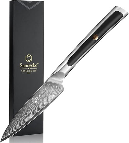 Sunnecko Paring Knife 3.5 Inch, Fruit Knife with 67-layers Damascus Steel VG-10 Blade Small Knife, Peeling Knife with Inlaid Handle Small Kitchen Knife Perfect for Cutting Fruit Vegetables Petty Knife