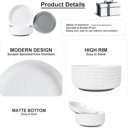 Webbylee 8.25" Melamine Pasta Bowls Set of 6-28oz Melamine Large Salad Bows，Durable Serving Bowls for Cereal, Fruit, Soup，Deep Enough for Kitchen and Dining White/Grey
