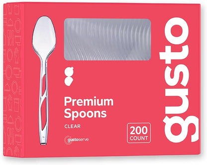 GUSTO [200 Count] Premium Heavyweight Spoons Plastic Disposable, Clear Plastic Spoons Heavy Duty, Perfect for Parties, Events, and Catering (Formerly Comfy Package)
