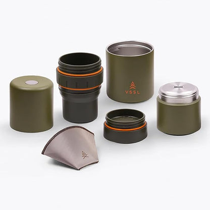 VSSL - Nest Pour Over Coffee Kit | Coffee Maker for Camping | All-In-One Travel Pour Over | Transportable Dripper, Two 10oz Stainless Steel Travel Mugs | Compact Storage & Adventure Ready | Deep Moss