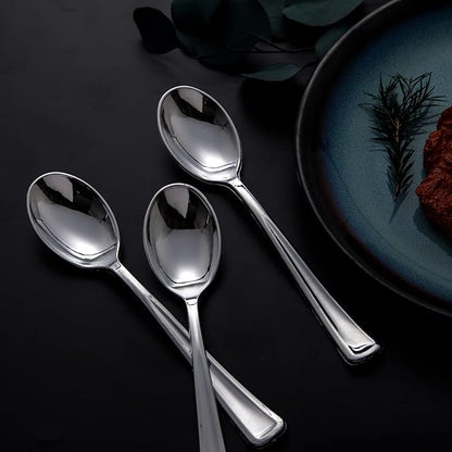 Liacere 200PCS Silver Plastic Spoons - Heavy Duty Disposable Spoons - dessert Spoons for Wedding & Party & New Year & Valentine's Day