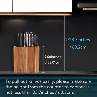 KITCHENDAO XL Acacia Wood Universal Knife Block with Slots for Scissors and Sharpening Rod, Safe, Space Saver Knives Storage Stand Display without Knives, Unique Slot Design to Protect Blade