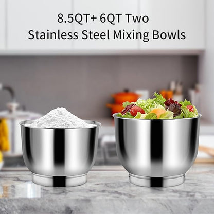 Aifeel Stand Mixer, 8.5QT+ 6QT Two Stainless Steel Bowls Electric Food Mixer, 7 in 1 Multifunctional Kitchen Mixer with Dough Hook, Whisk, Beater, Meat Grinder,Pasta & Cookie Maker-Red