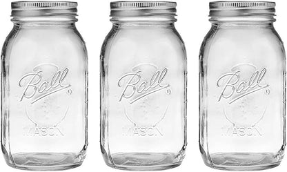 Ball Regular Mouth Glass Mason Jars with Lids and Bands, Used for Canning, Pickling, Juice, Jam, Jelly, Quart Size 32 Ounce (Pack of 3)