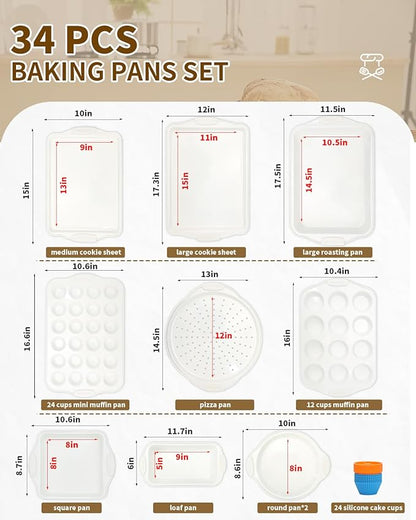 Baking Pans Set with Silicone Handles, 34 PCS Nonstick Bakeware Sets, Oven Pan Set Includes Baking Tray, Cookie Sheet, Cake Pans, Loaf Pan, Muffin Pan, Pizza Pan